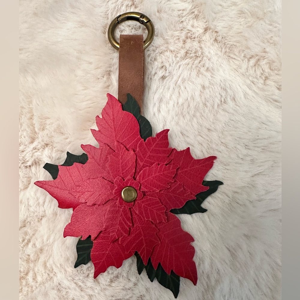 Red Poinsettia Leather Charm, Flair, Keychain